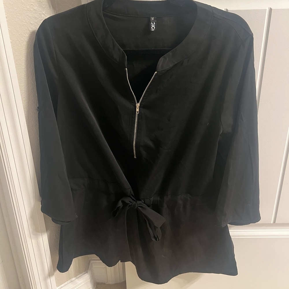 Black Zip-Up Women's Top with Tie Waist Detail